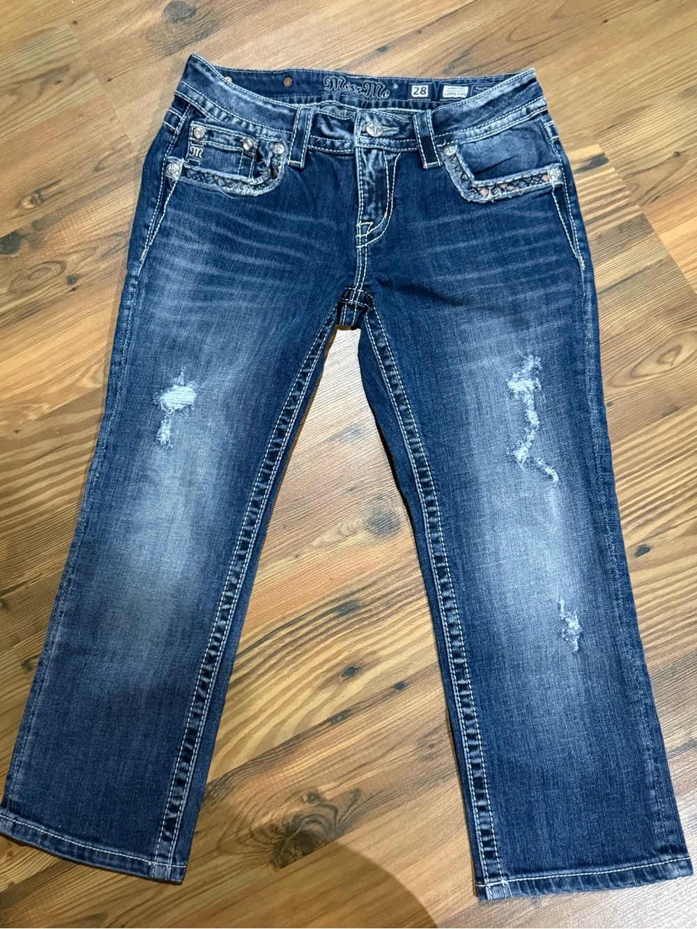 Miss Me Blue Distressed Straight Leg capris